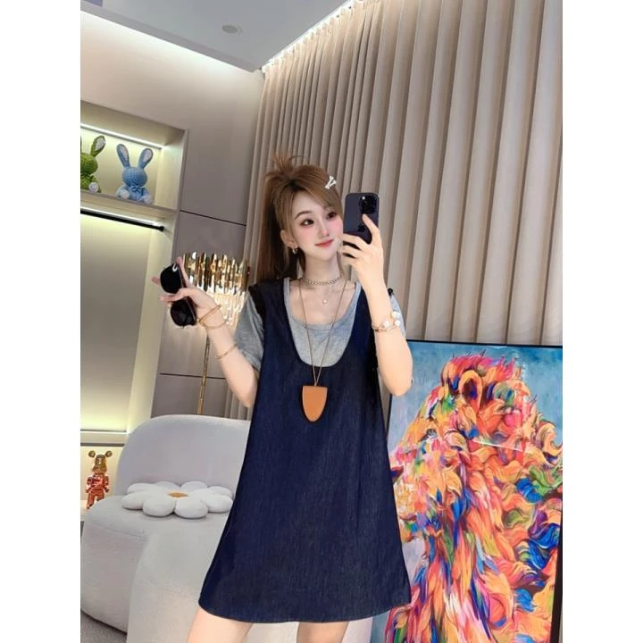 夏季时尚休闲洋气休闲显瘦宽松软牛仔假两件连衣裙
