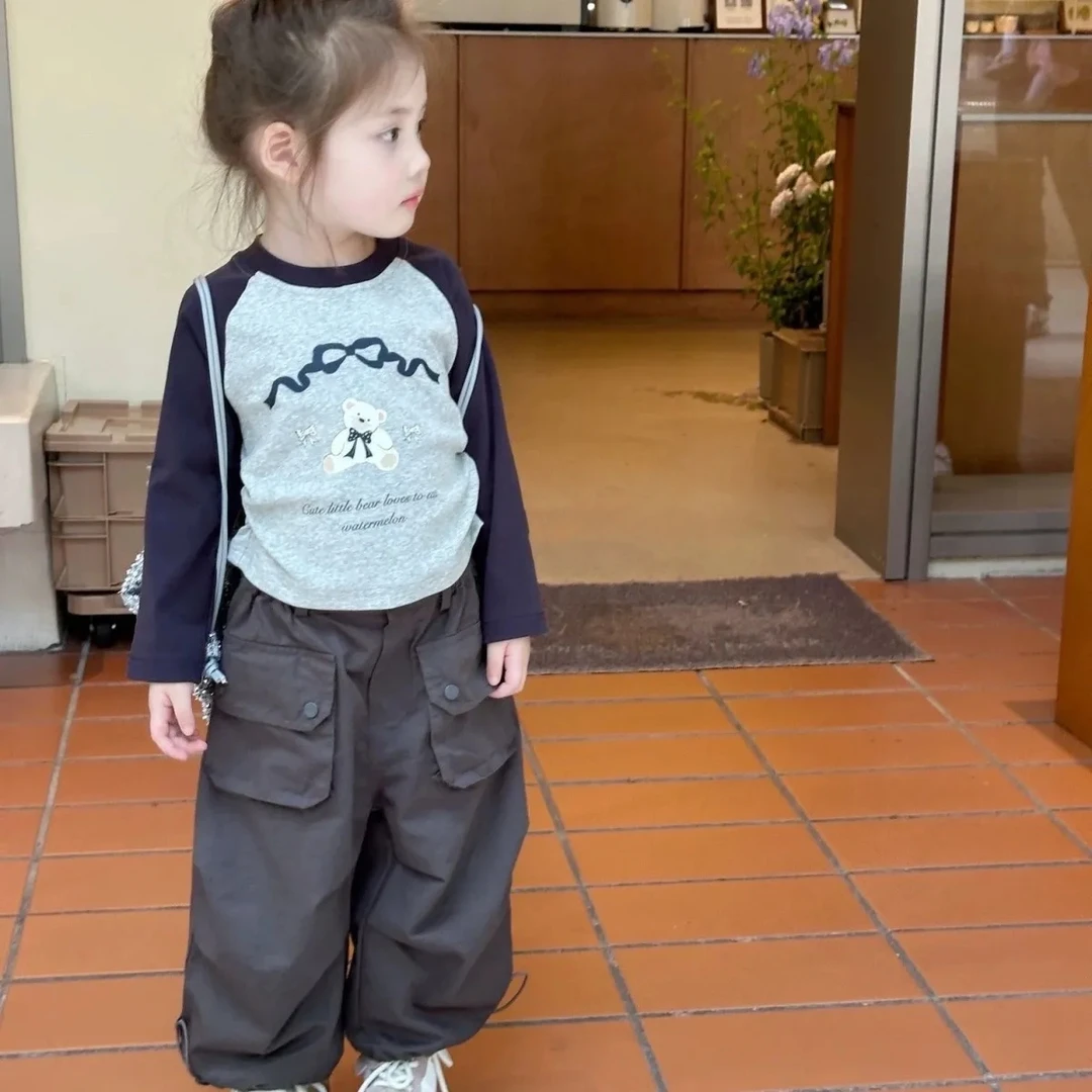 女童春秋套装2025新款韩版儿童休闲薄款长袖T恤高腰工装裤两件套