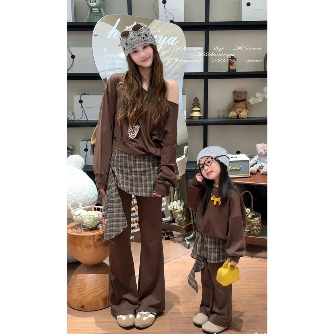 【首尔欧尼】七Hihoniya~2025秋季亲子格子拼接显瘦天丝复古套装