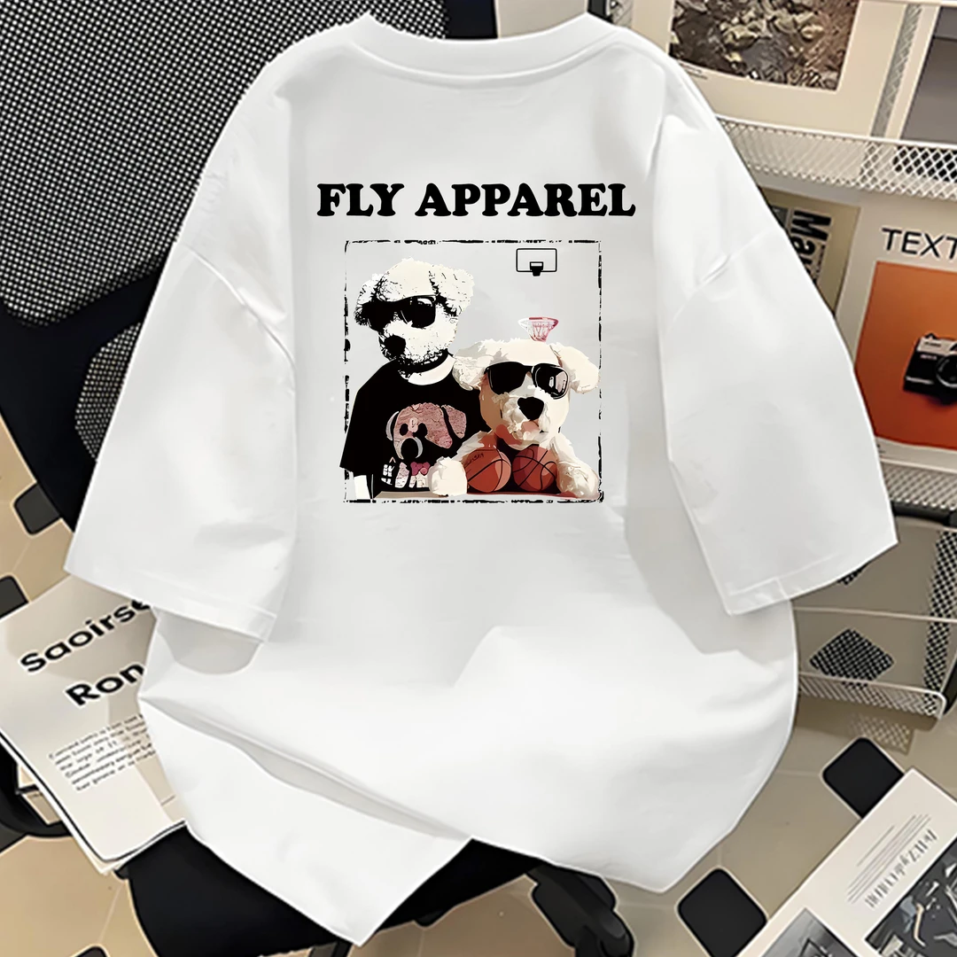 美式痞帅重磅纯棉短袖-flyapparel狗  男女潮牌宽松百搭圆领上衣