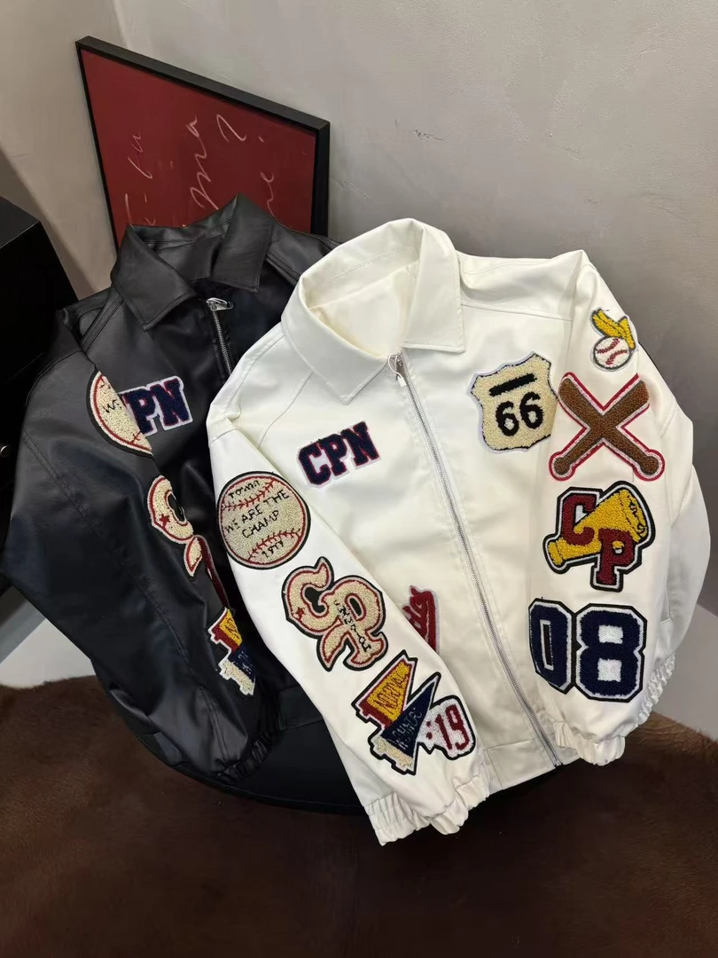 FR【刺绣logo】美式复古刺绣贴布宽松棒球服情侣夹克