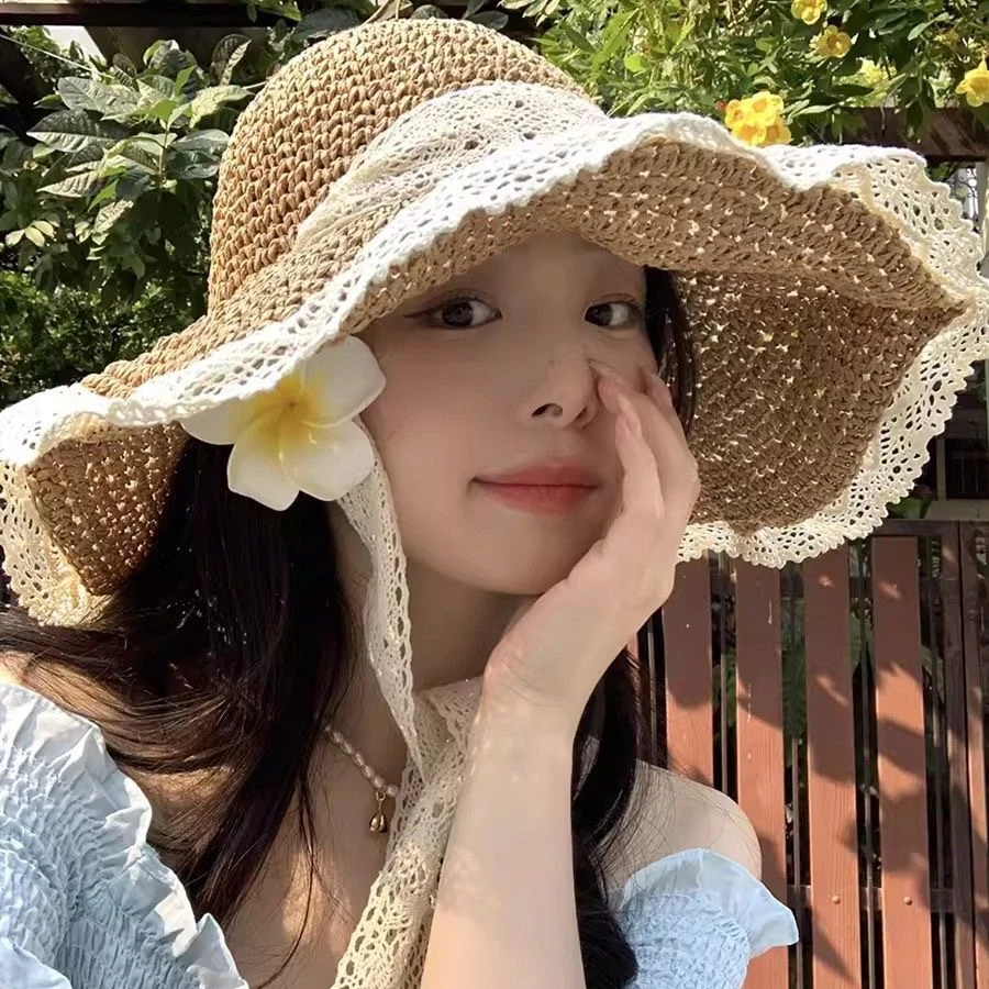 旅游防晒草帽女夏季出游透气蕾丝花边镂空海边太阳帽大檐遮阳帽子