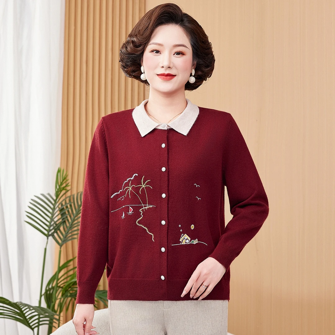气质妈妈装秋冬季新款针织衫洋气长袖百搭中老年毛衣女士翻领毛衫