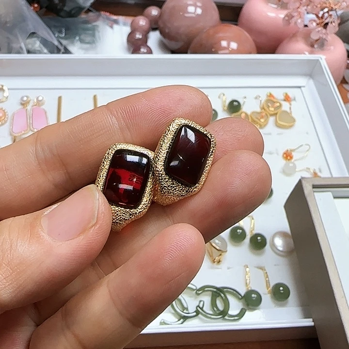 琥珀耳饰银S925镶嵌耀*