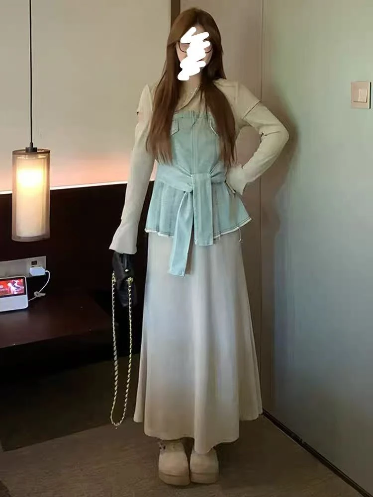 书书 套装拼接牛仔上衣鱼尾裙女两件套胖mm显瘦早秋穿搭222790
