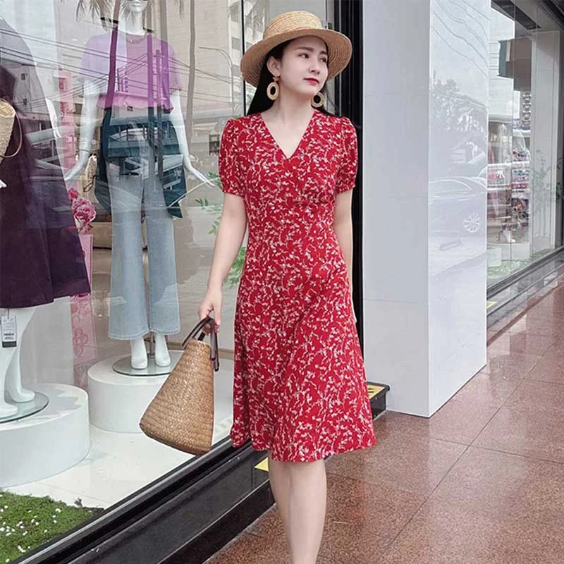 【商场同款】女装新款复古减龄V领收腰碎花短袖洋装连衣裙夏1500472