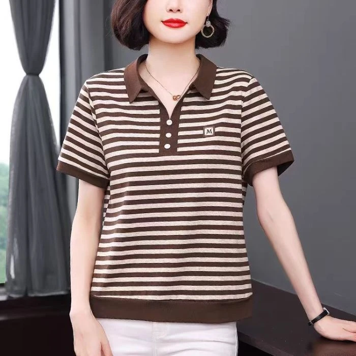 中老年妈妈夏装有领短袖t恤女宽松条纹翻领上衣服洋气POLO衫