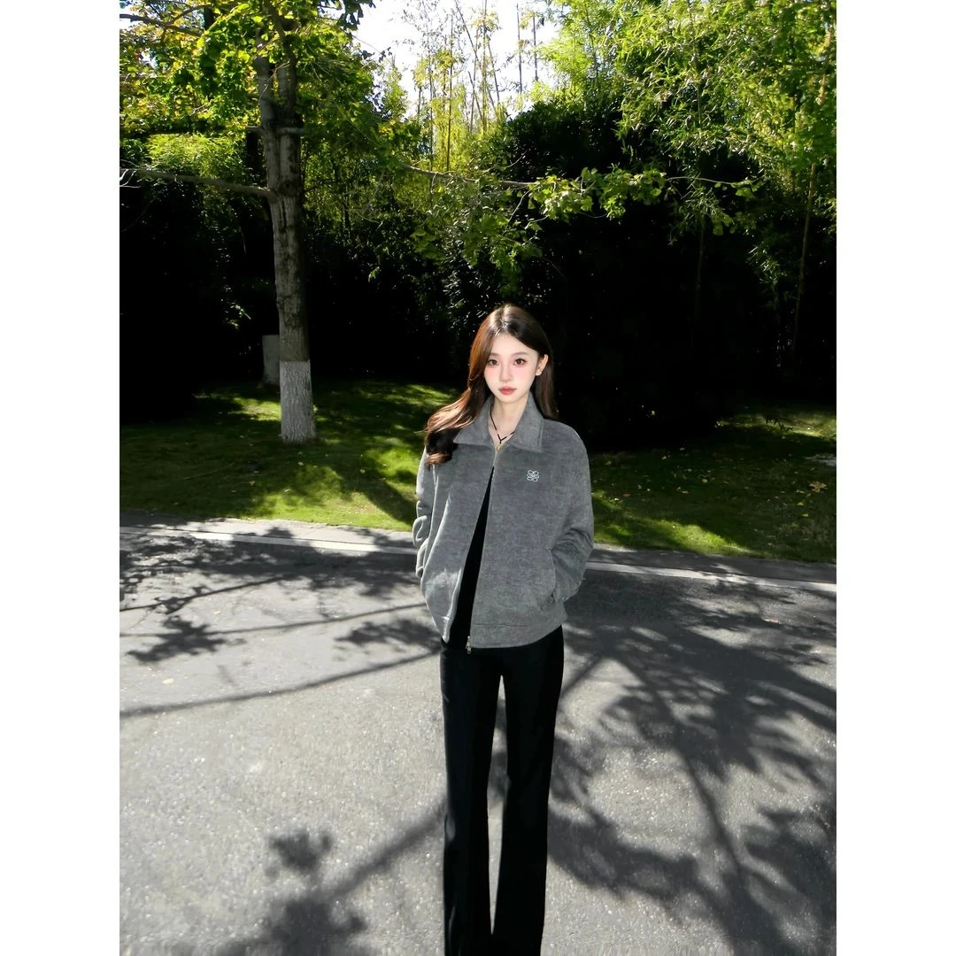 美式辣妹复古灰色毛呢外套女2025年新款宽松休闲百搭夹克拉链上衣