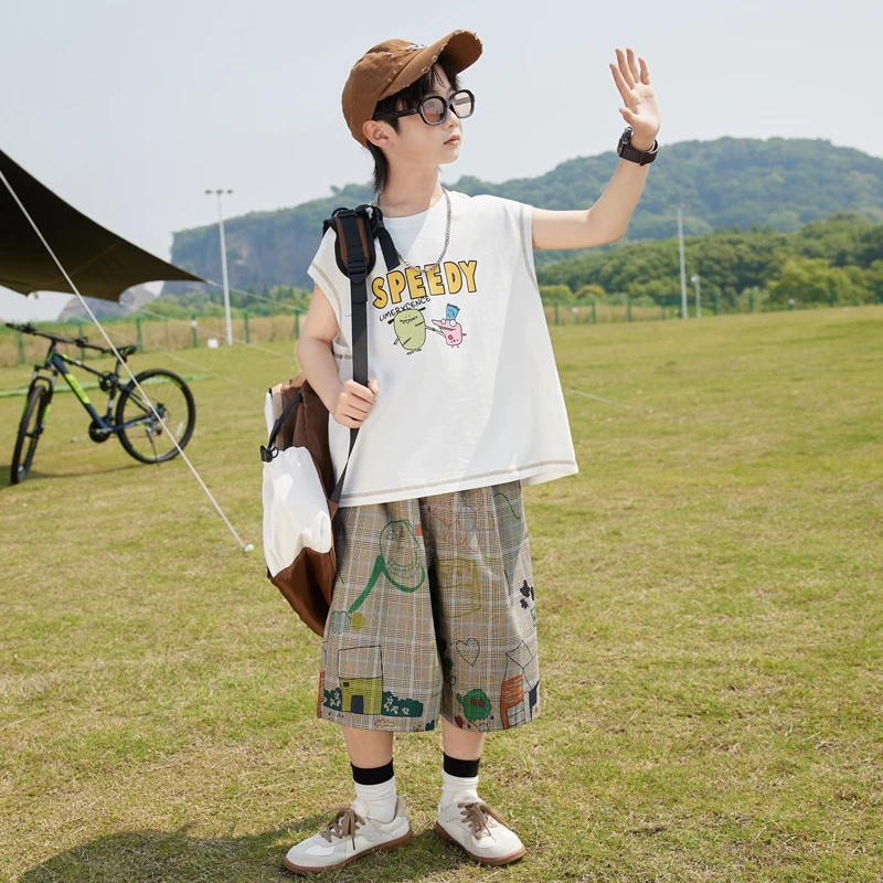 男童夏装套装2025新款儿童夏季短袖两件套大童背心洋气男孩时髦潮