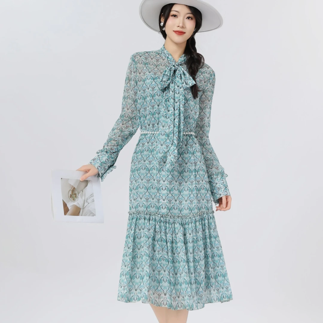 AMASS/阿玛施一秒入夏法式优雅印花飘带连衣裙(附内搭)5500563