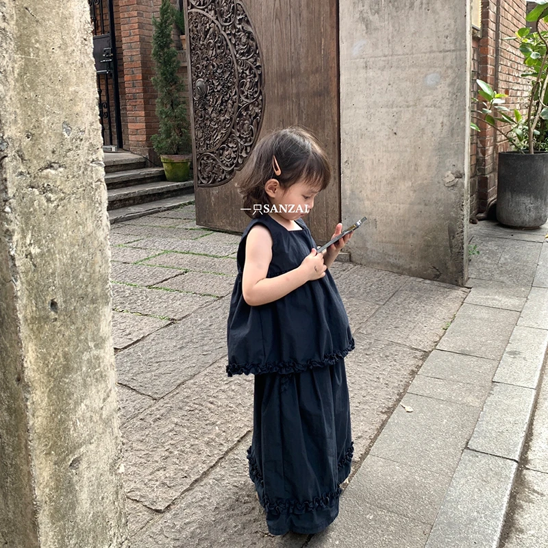 一只叁崽女童方领无袖上衣裤子韩系套装宝宝洋气娃娃衫儿童阔腿裤