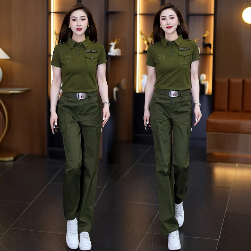 2025新款夏季迷彩服工装套装女翻领短袖t恤显瘦直筒长裤水兵舞潮