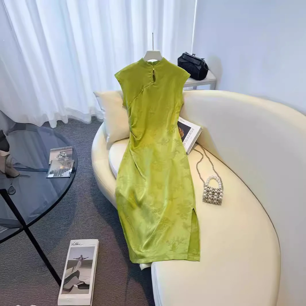 【绘霓裳】新中式绿色提花旗袍连衣裙夏季2025修身显瘦显白日常款