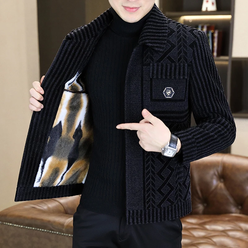 男士毛呢大衣短款加厚中年休闲呢子外套翻领时尚秋冬高档加绒夹克