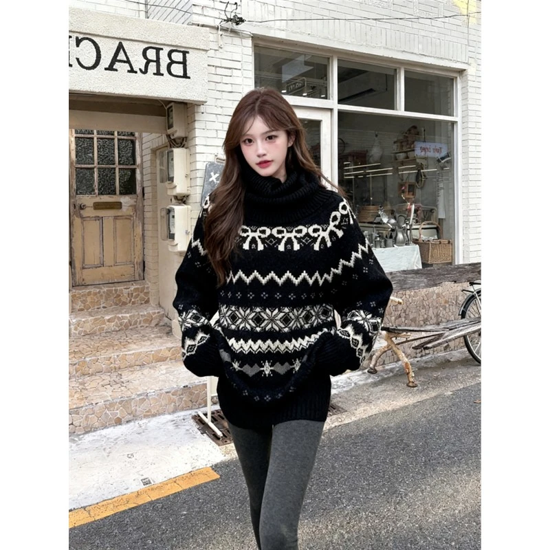 现货！PPHOME 黑白圣诞毛衣女2025冬季新款宽松慵懒风针织时尚套