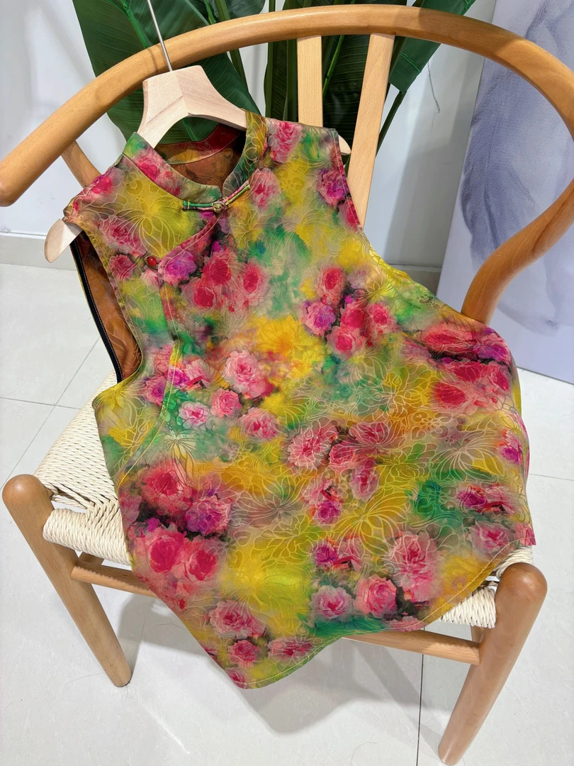 DY2353樱美嘉100桑蚕丝香云纱花萝夏季女装新款上衣减龄百搭黄色