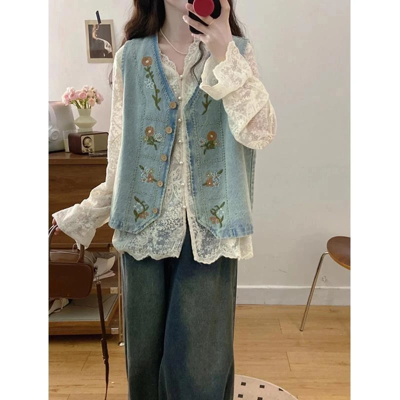 韩版绣花牛仔马甲2025春夏新款法式复古洋气百搭坎肩宽松外穿马夹