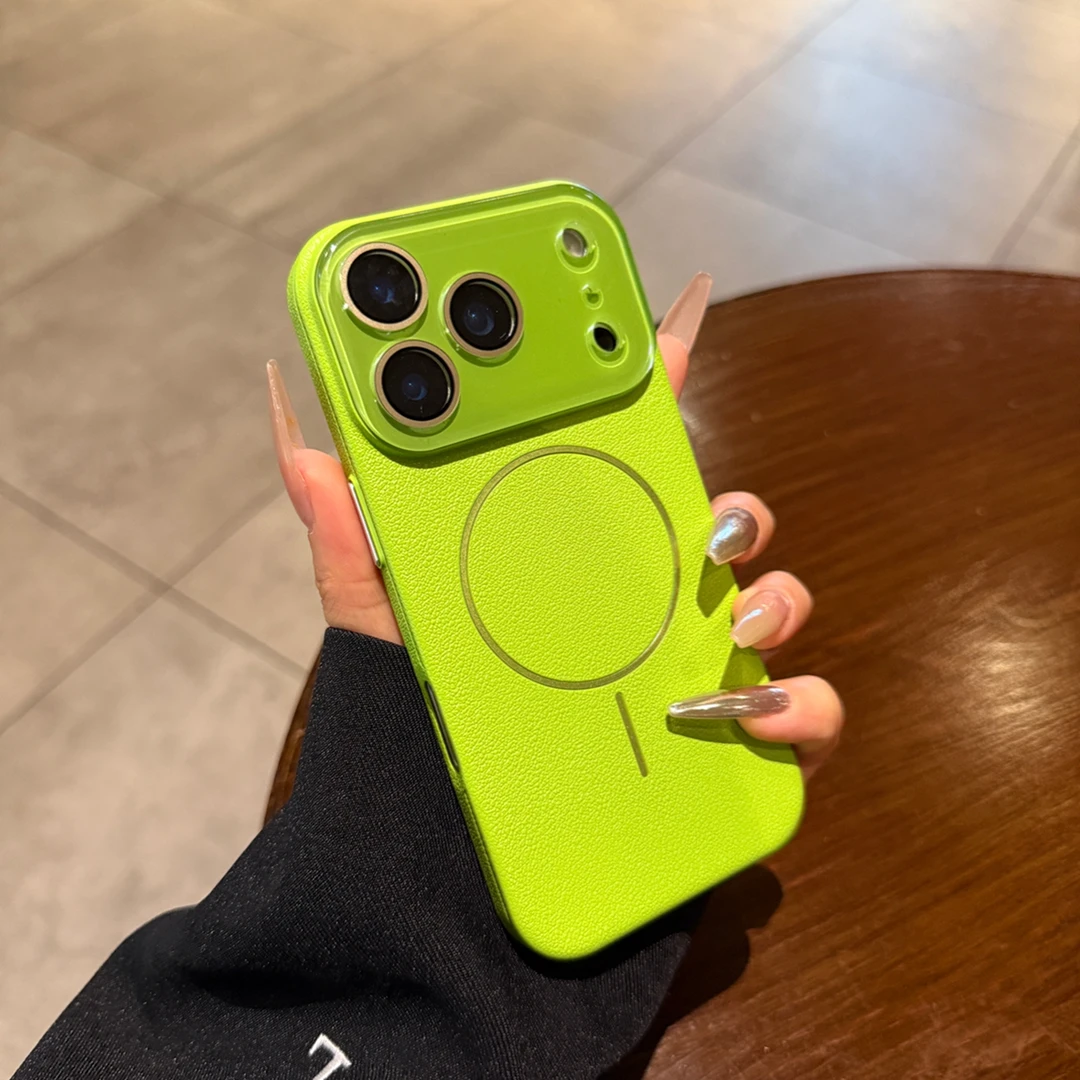 荧光绿PC荔枝皮纹磁吸适用于苹果17promax手机壳网红同款数码配件