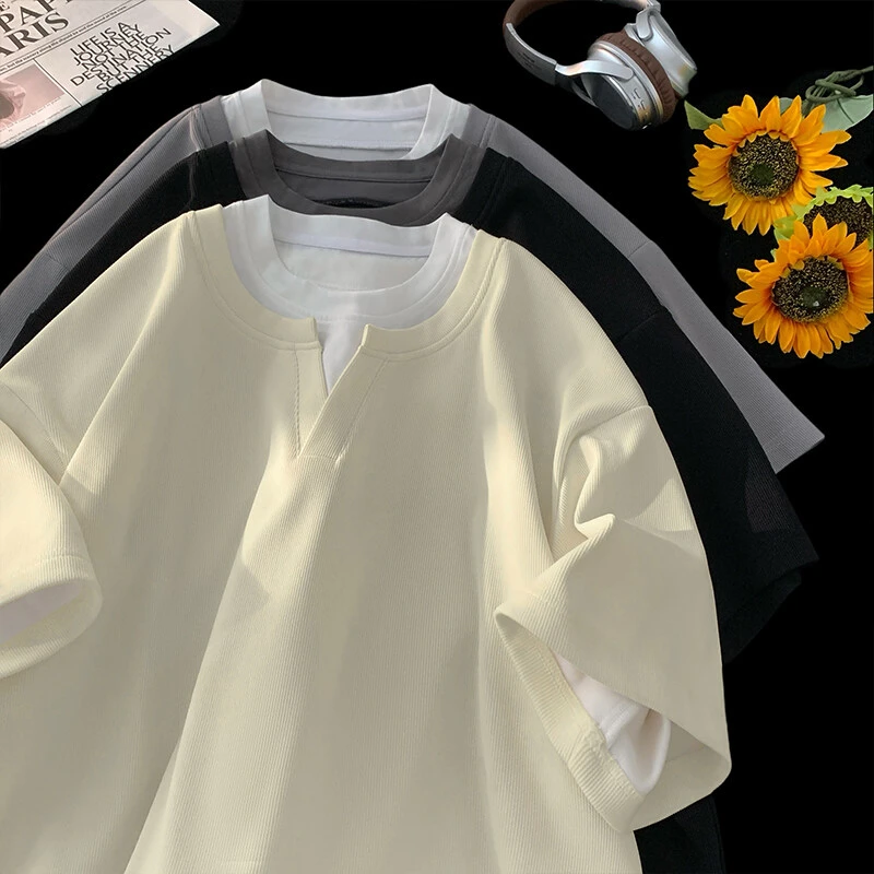 引创夏季2025新款港风V领假两件纹理感宽松大码休闲短袖T恤男上衣