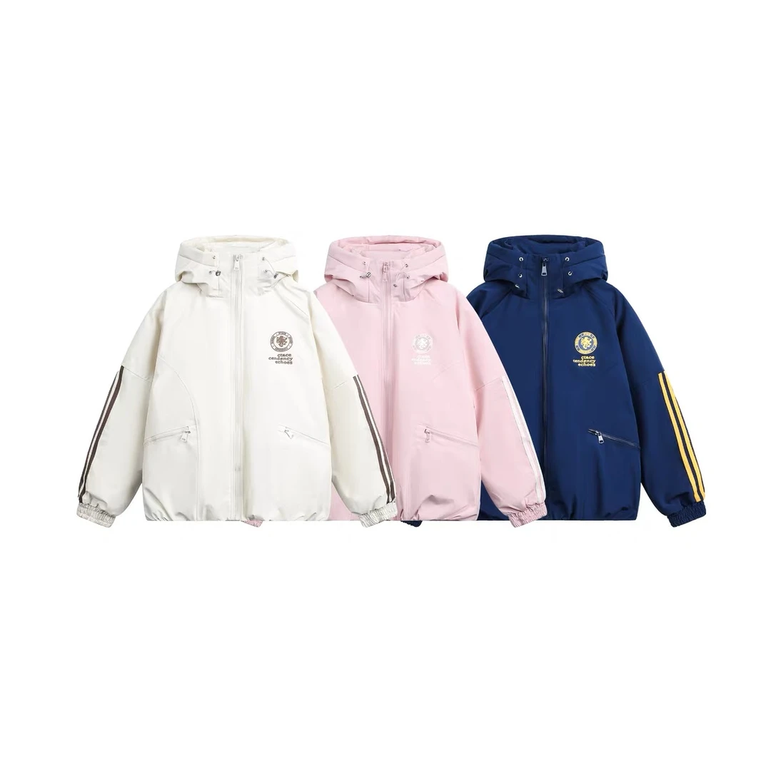 美式学院风撞色条纹连帽棉服外套女bf面包服情侣棉衣