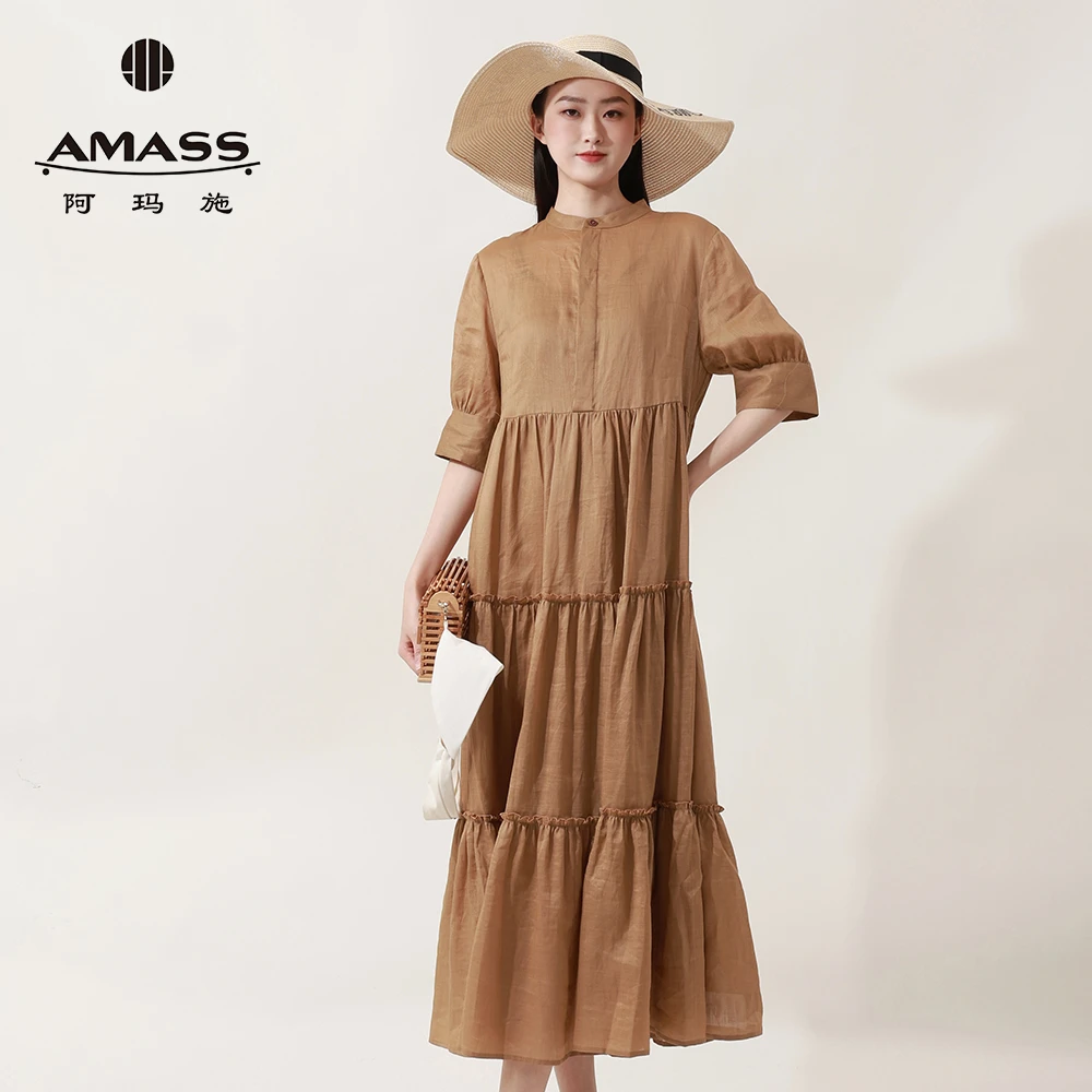 阿玛施AMASS分层褶皱苎麻短袖优雅连衣裙新款长裙女附内搭550061