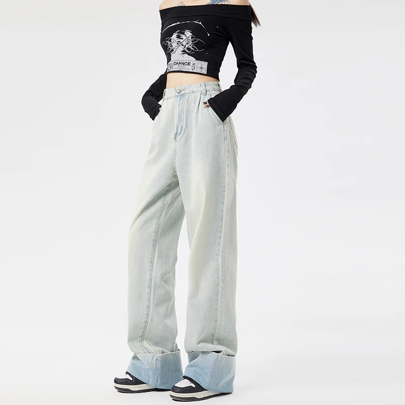 2025春秋上新好品怀旧蓝牛仔阔腿裤女春季新款百搭拖地裤卷边裤脚