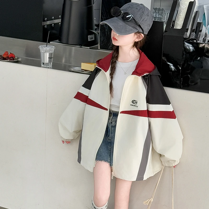 女童连帽外套春秋款2025新款装大儿童韩版洋气夹克女孩拉链衫上衣