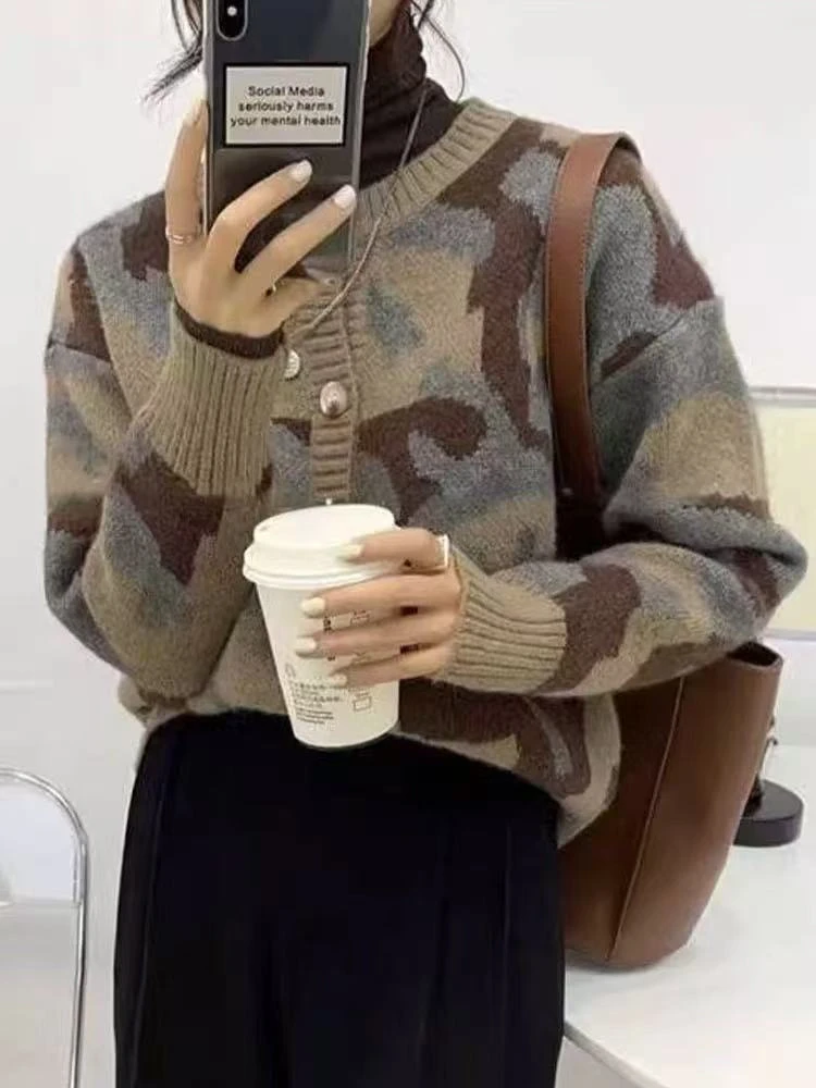 韩版复古高级感宽松洋气简约百搭软糯豹纹针织开衫毛衣女1号