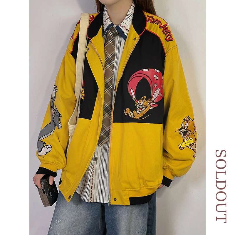 SOLDOUT原创美式复古卡通刺绣拼接棒球服女春季宽松休闲夹克外套
