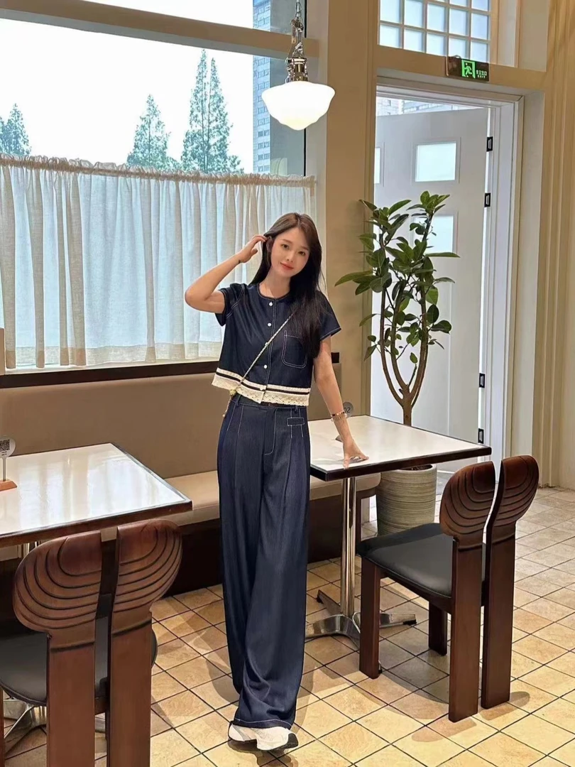 小众不撞款套装2024新款蕾丝拼接短上衣阔腿裤减龄洋气牛仔两件套