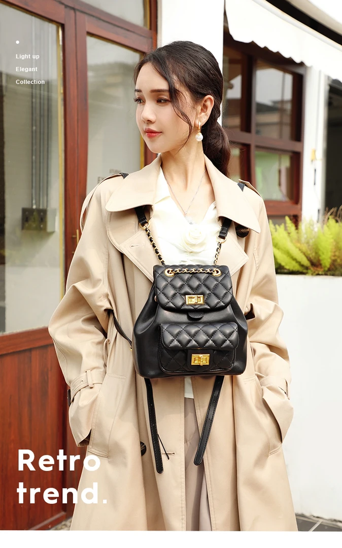 高级感气质菱格休闲背包女双肩包女2025新款网红菱格链条小背包