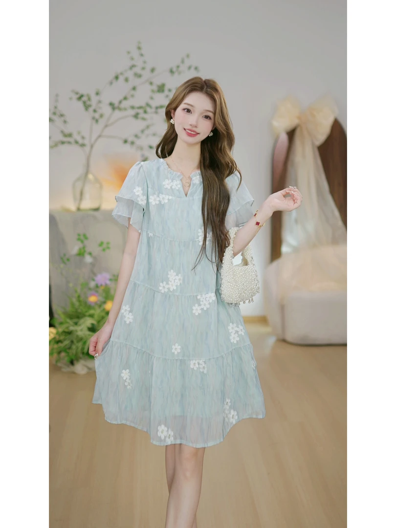 【流光N】梦幻曼波色调刺绣小花显瘦中长裙甜美减龄仙气连衣裙X146