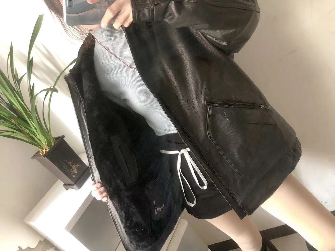 3650男士加绒加厚连帽山羊皮面内里拼貂加绒外套