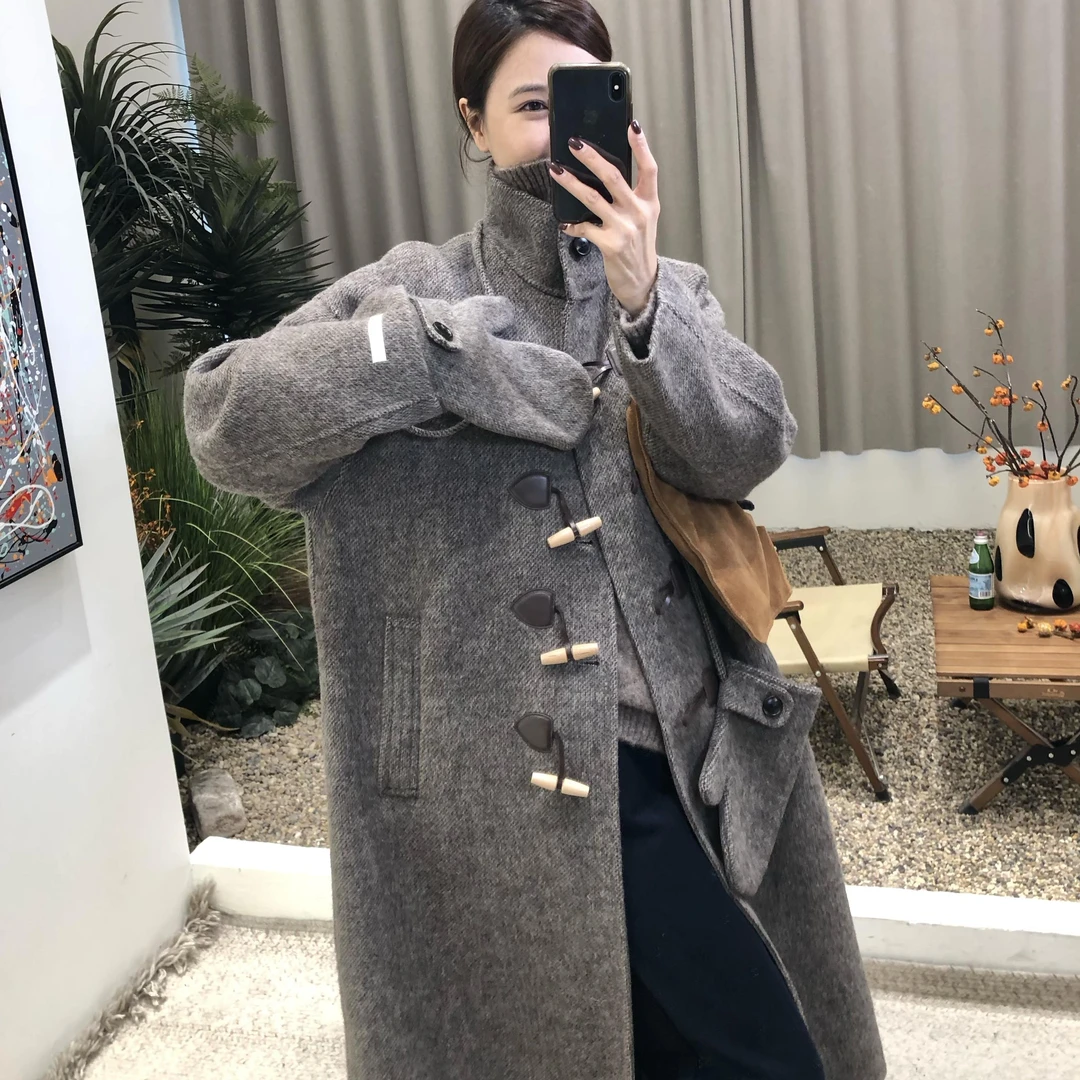 梧桐文艺‘牛角扣米棕色双面羊毛大衣外套立领高级感大衣（含手套）
