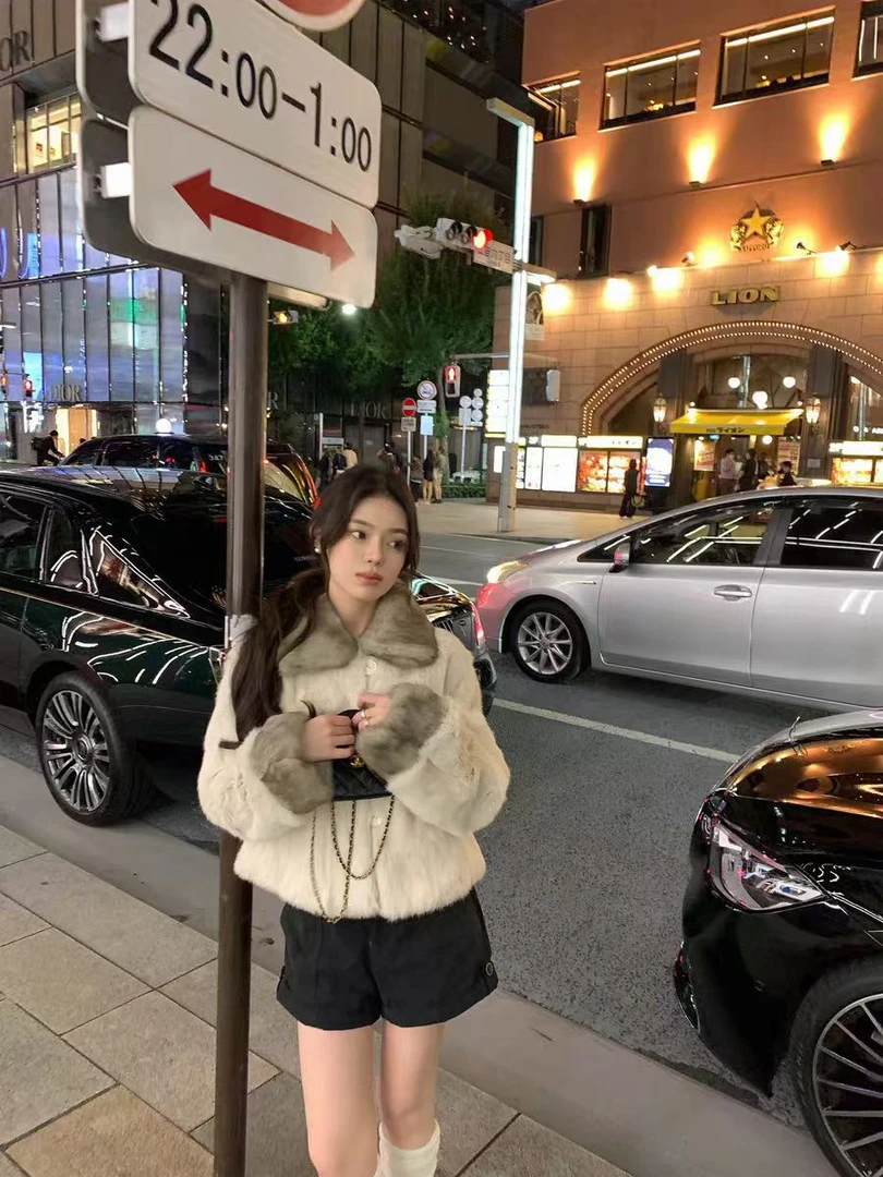 “奥利奥”双色定染兔毛皮草2025新款皮毛一体真毛毛外套