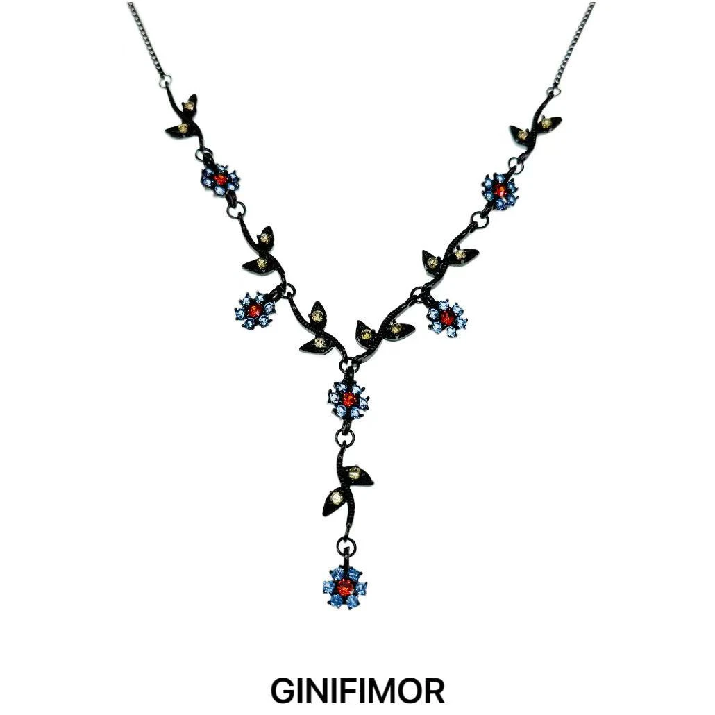 GINIFIMOR 铜合金项链 a626 复古蓝色藤蔓小花流苏项链做旧锁骨链