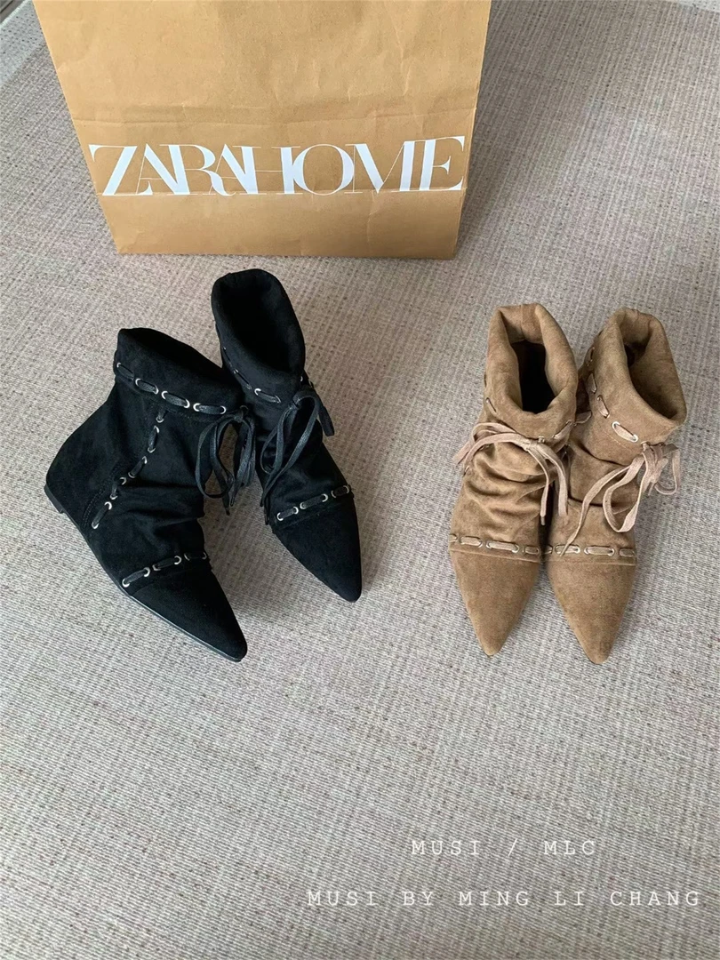 623-2内增高尖头短靴女2025新款小众设计感绑带套筒短筒时装靴