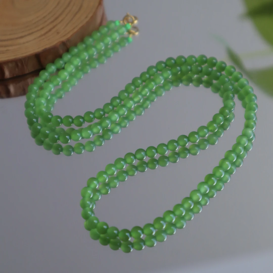 天然和田玉俄料碧玉圆珠小米珠约4mm项链18K.金Baby链锁骨链@4020