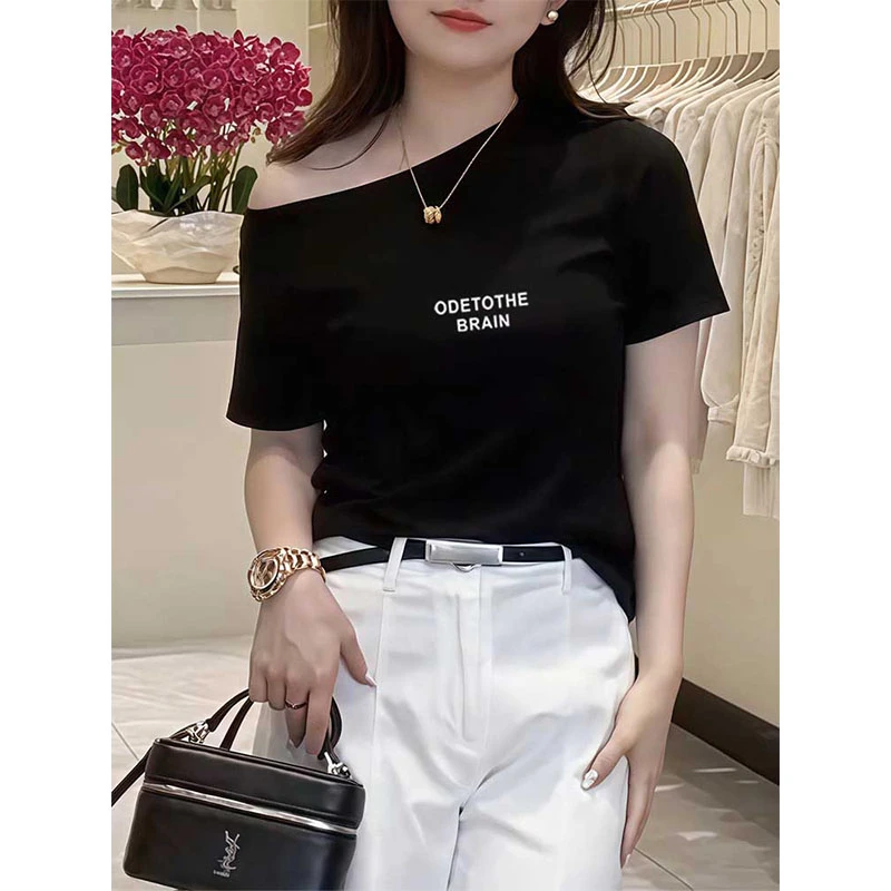 斜肩黑色短袖t恤女2025新款时尚洋气小众高级不撞款半袖上衣夏季