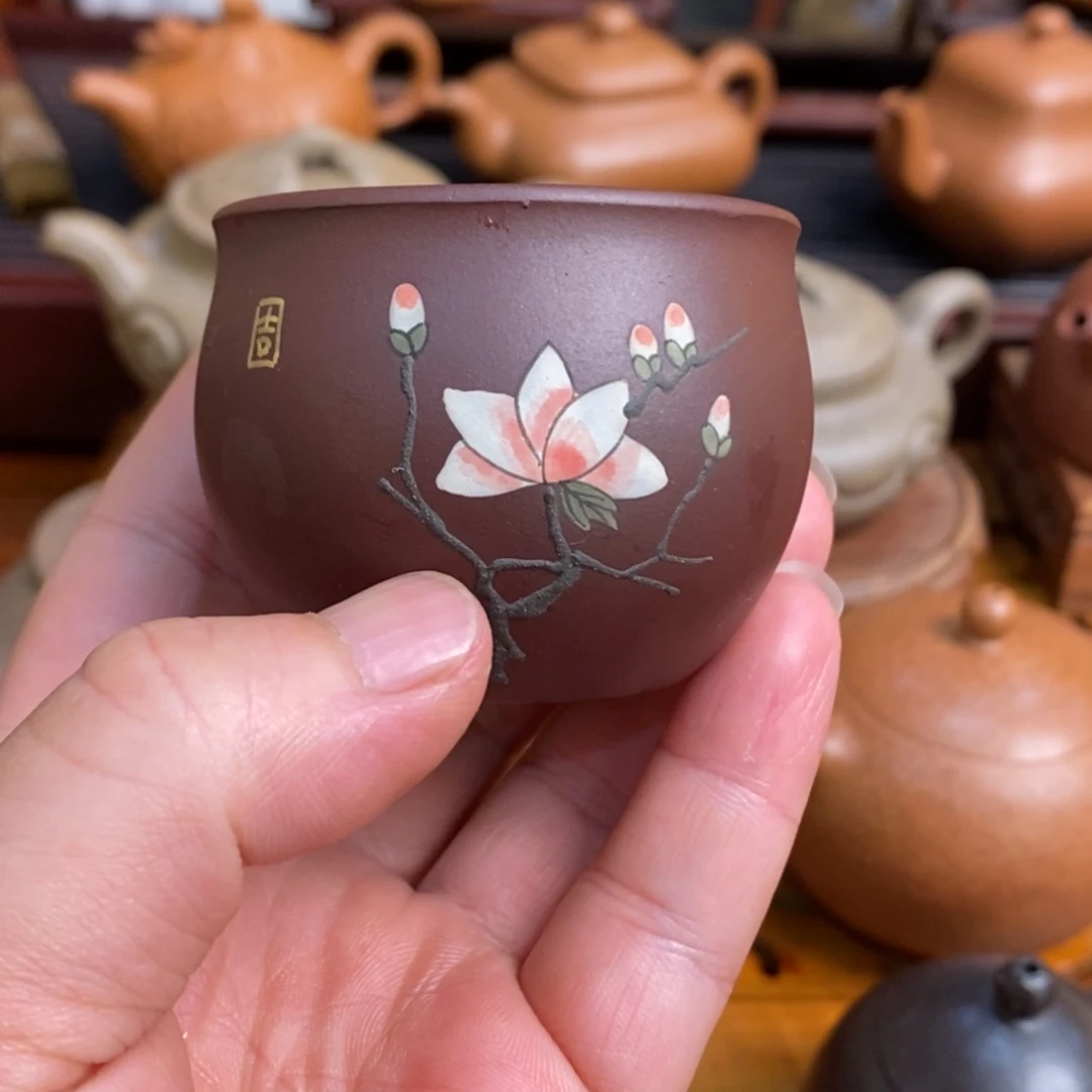紫砂茶壶紫砂主人杯泥绘玉兰