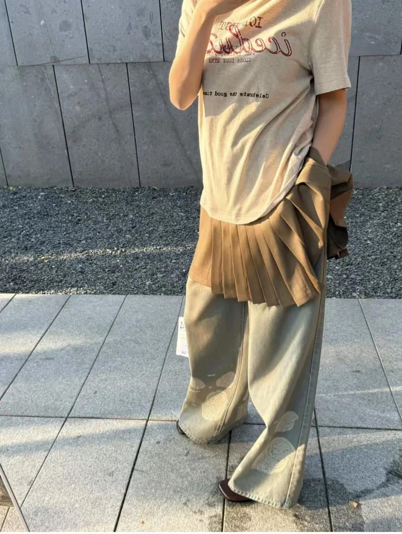 ICE DUST设计师品牌2025春夏新款百搭短袖拼接撞色百褶印花连衣裙