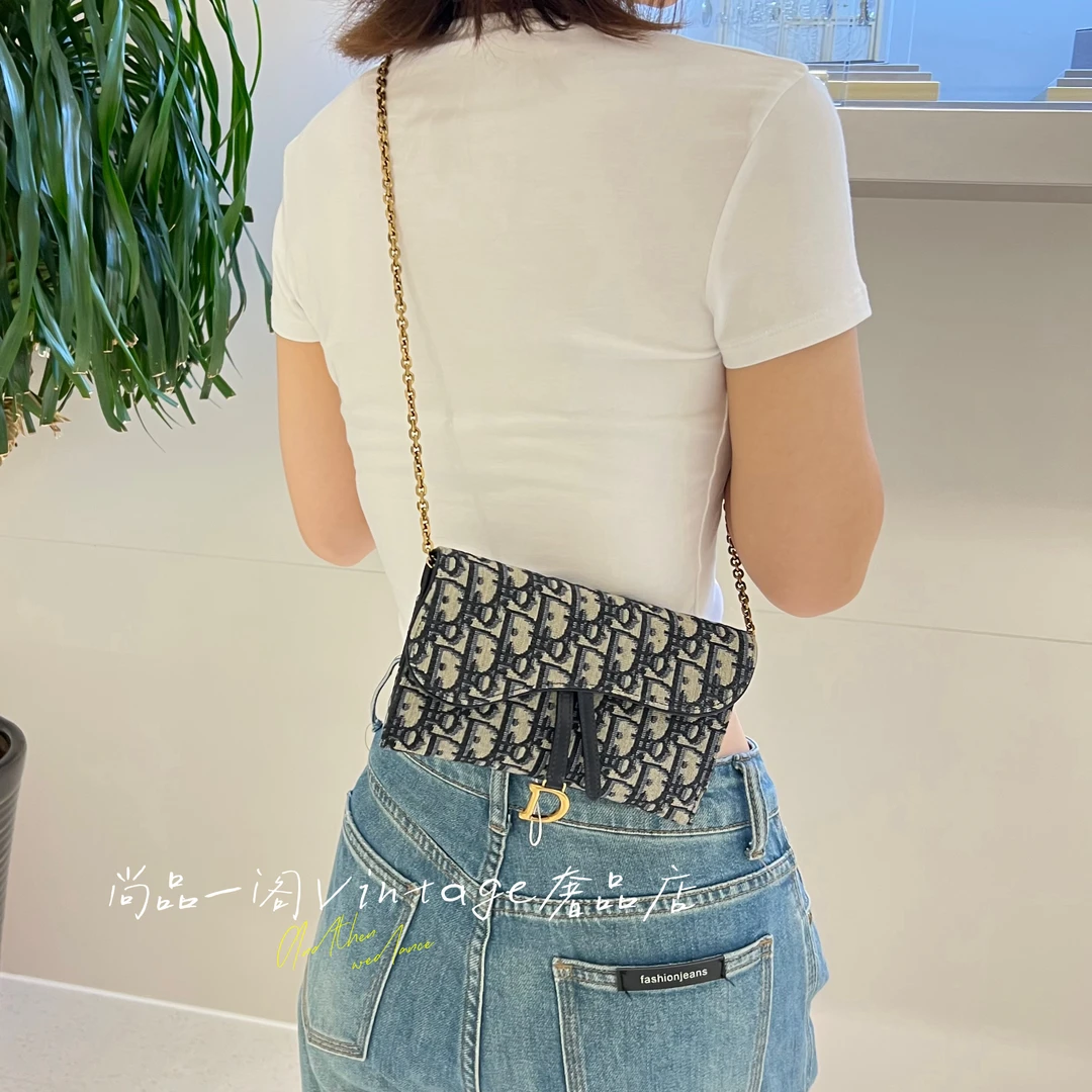 未使用 DIOR/迪奥 尚品一阁/蓝色老花二合一马鞍woc链条斜挎包