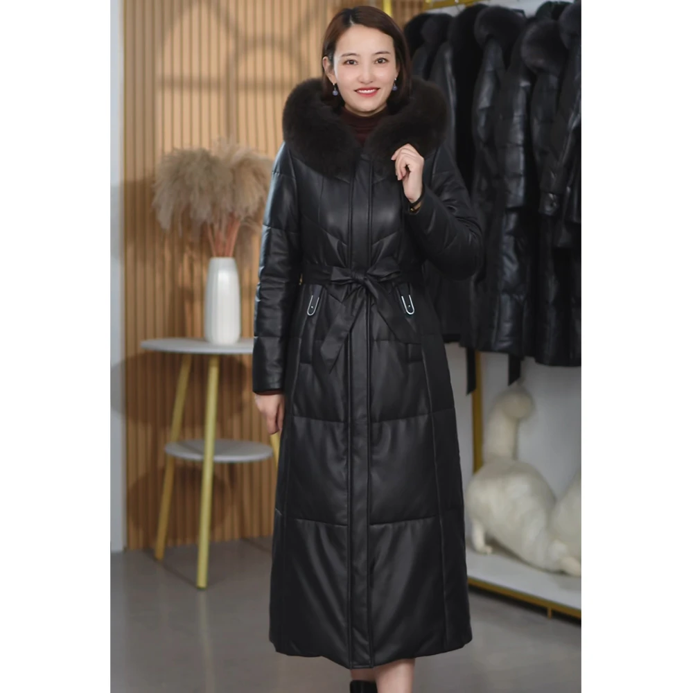 真皮羽绒服女长款时收腰加厚新款狐狸毛领连帽头层绵羊皮皮衣外套