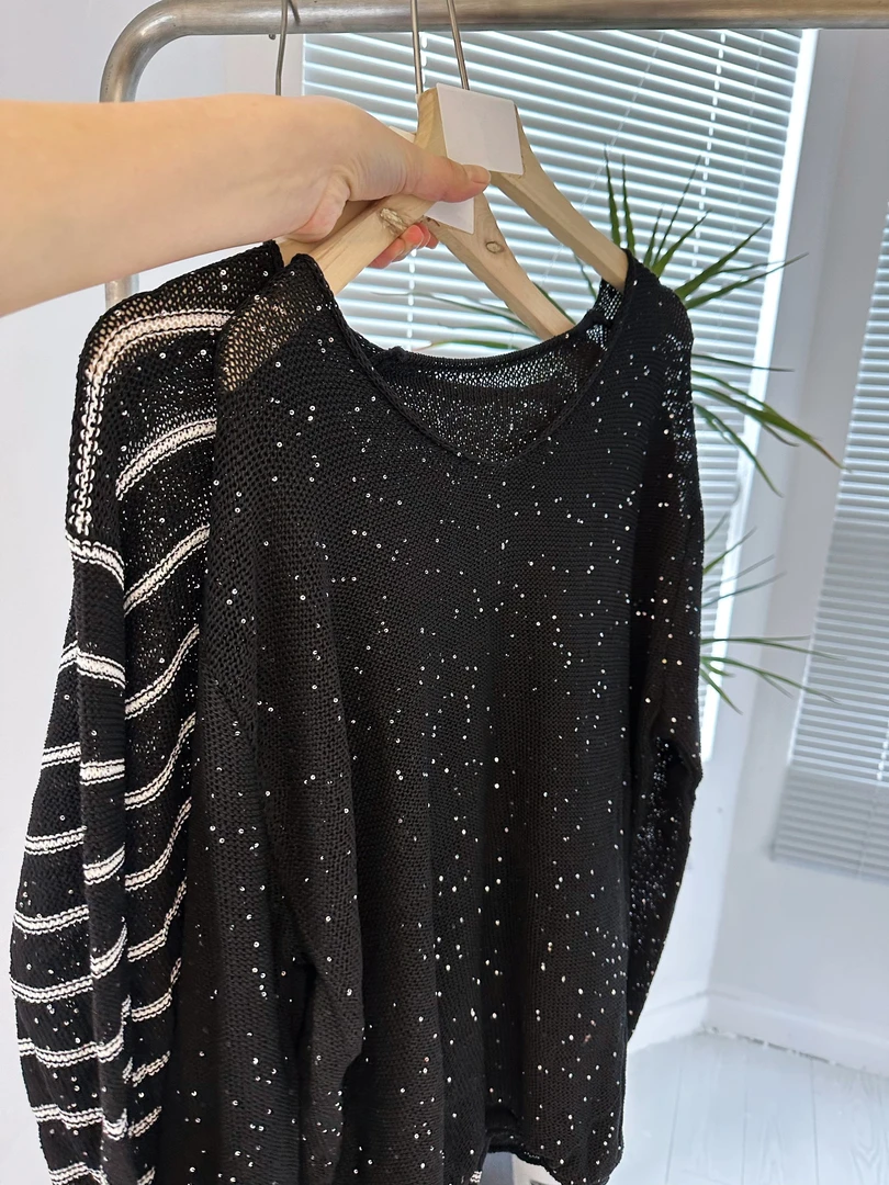 时髦春款女装休闲韩版宽松长袖针织衫V领亮片不掉 1044