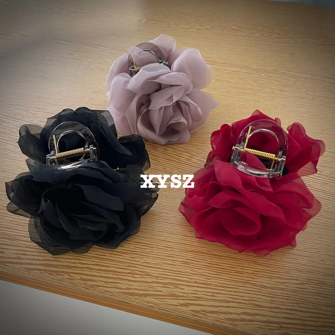 网纱花朵抓夹日韩极简风原创设计女发夹复古时尚优雅饰品百搭简约