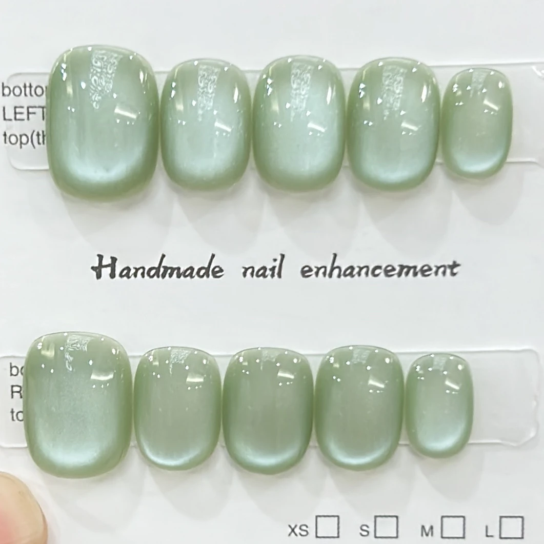 【青苹果】超短美甲豆豆短方圆猫眼手工穿戴甲甲片纯手工纯色美甲片