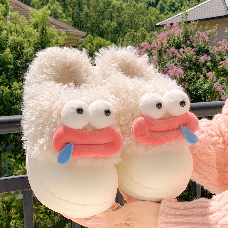 毛毛绒保暖棉拖鞋女士冬季新款卡通搞怪加绒保暖踩屎可爱棉拖女