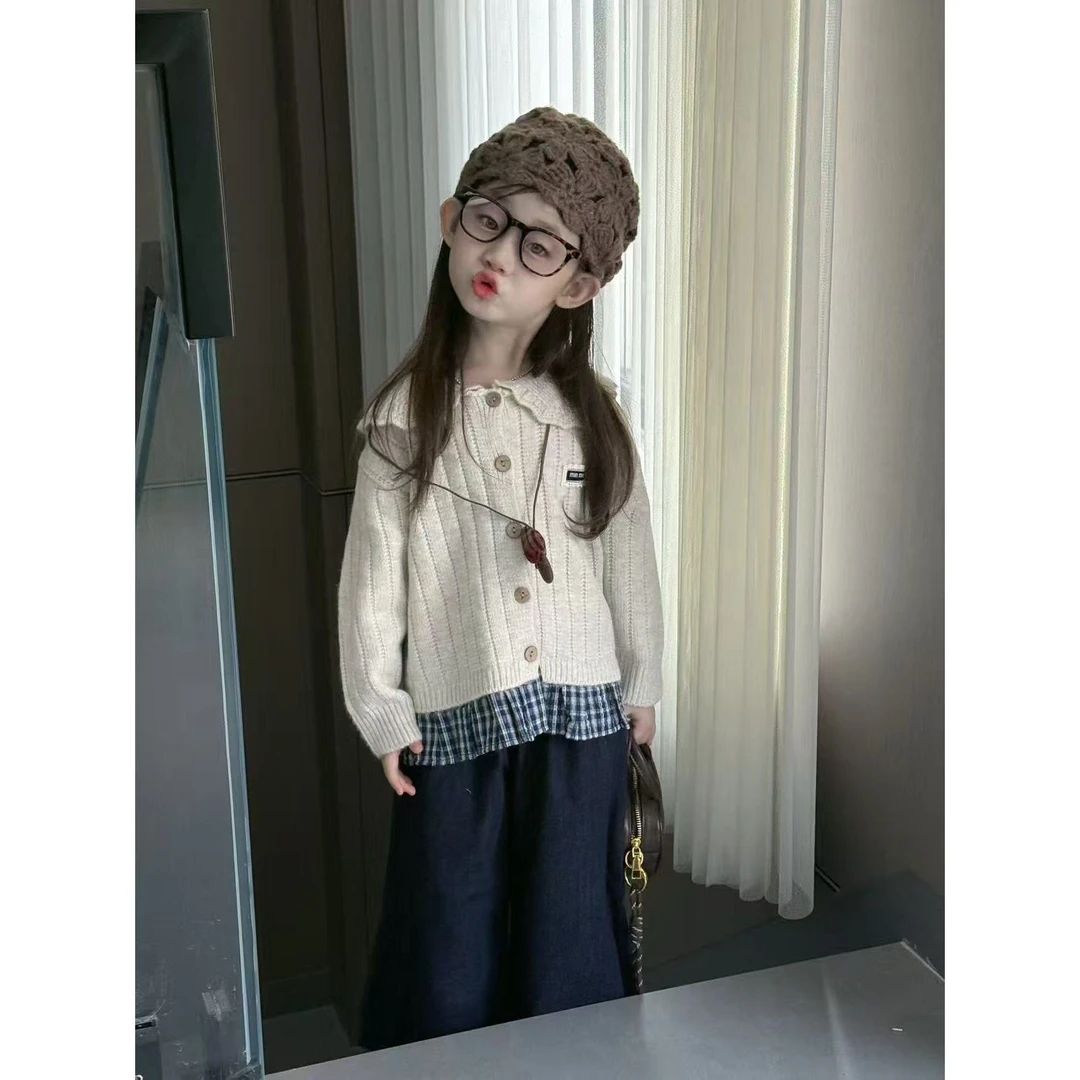 纯色休闲风女童单排扣毛衣常规套装甜美外套女童裤子两件套