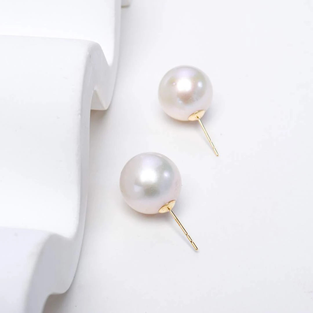 18K金淡水特A超亮超大奥白光泽龙珠耳钉12-13mm