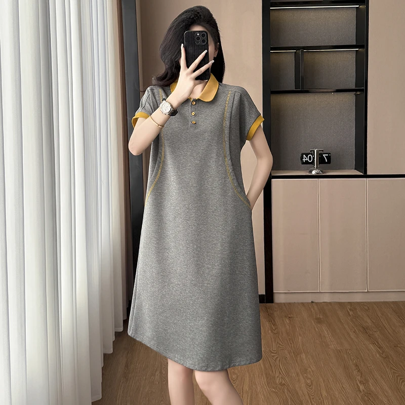 撞色拼接休闲宽松女装短袖连衣裙子2025夏季新款